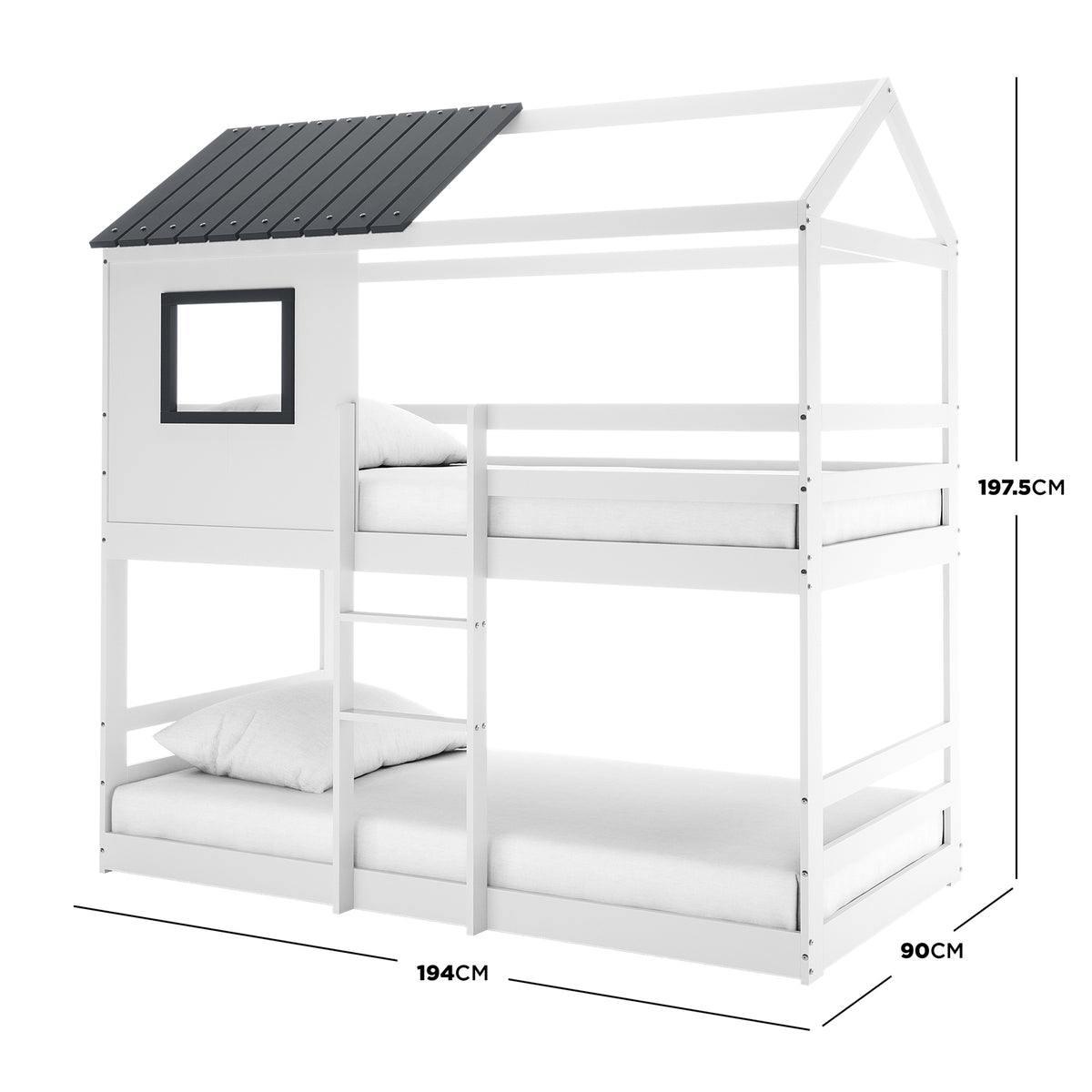 Carl Kids Solid Wood Cubby Bunk Bed features a house-shaped frame with a pitched roof, small window, and ladder. Designed for twin beds, it offers a playful, space-saving solution for children's rooms.