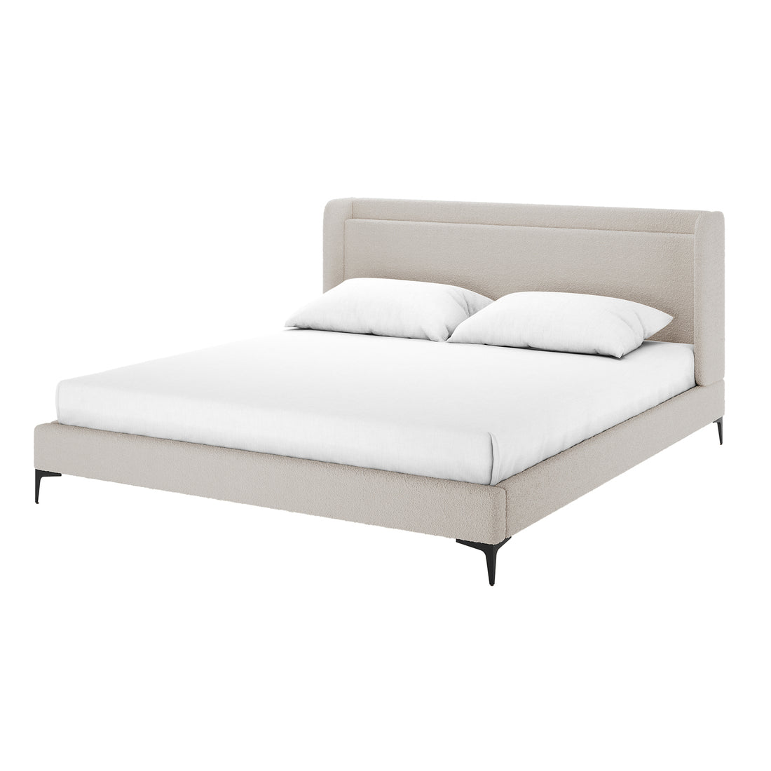 Carmen beige boucle king bed frame with winged headboard, black metal legs, white mattress and pillows