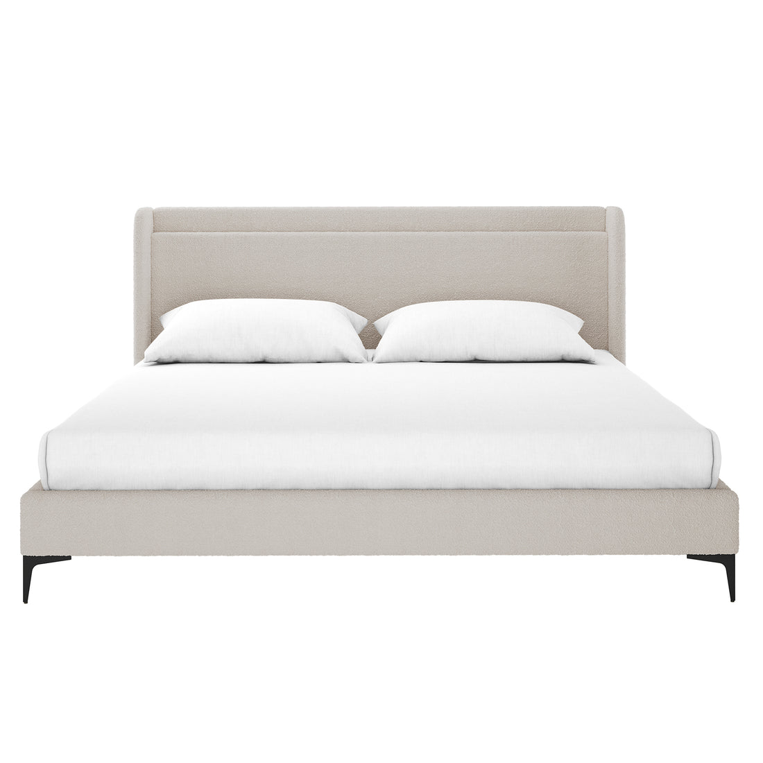 Beige boucle king bed frame with winged headboard, white bedding, and black tapered legs