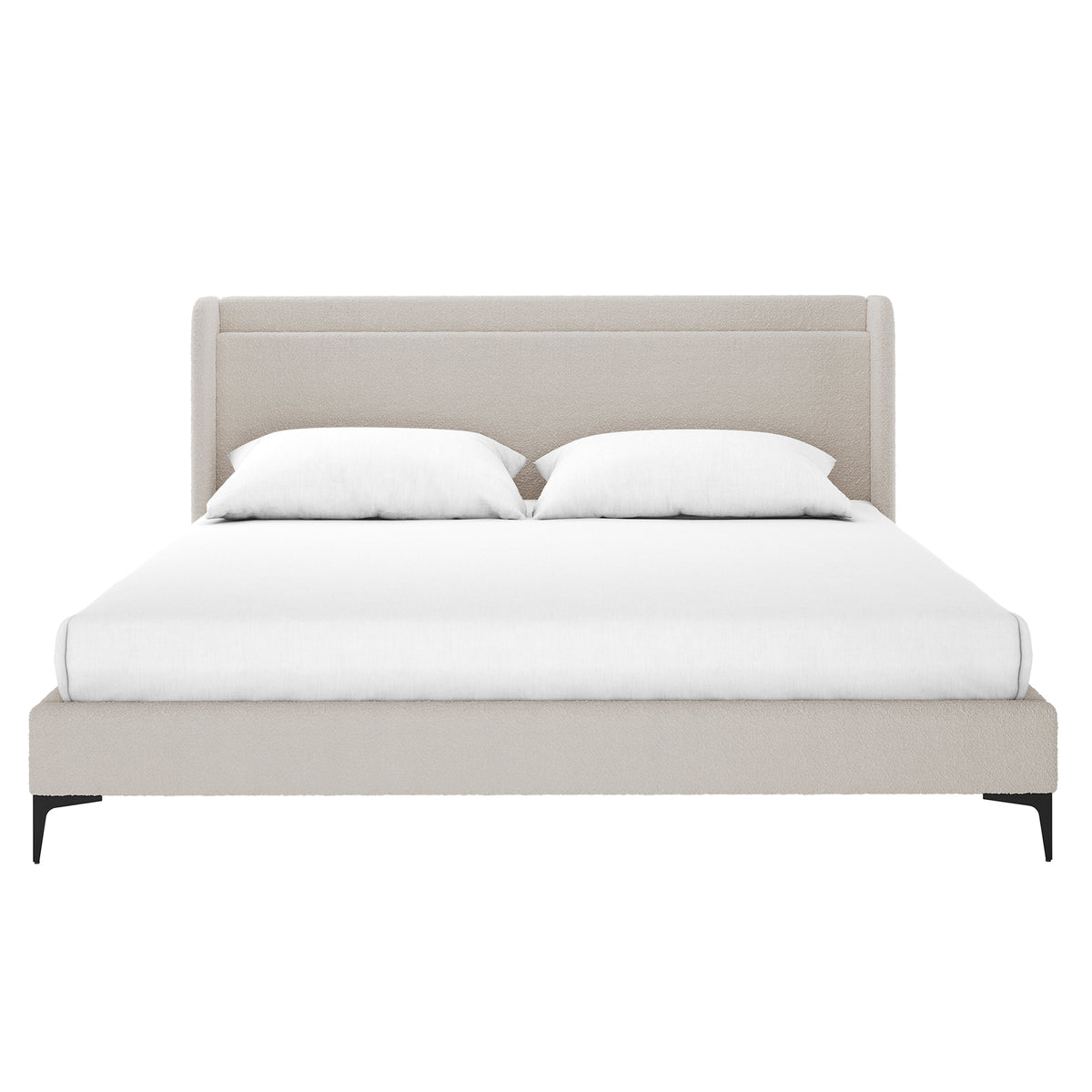 Beige boucle king bed frame with winged headboard, white bedding, and black tapered legs