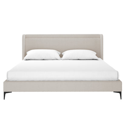 Beige boucle king bed frame with winged headboard, white bedding, and black tapered legs