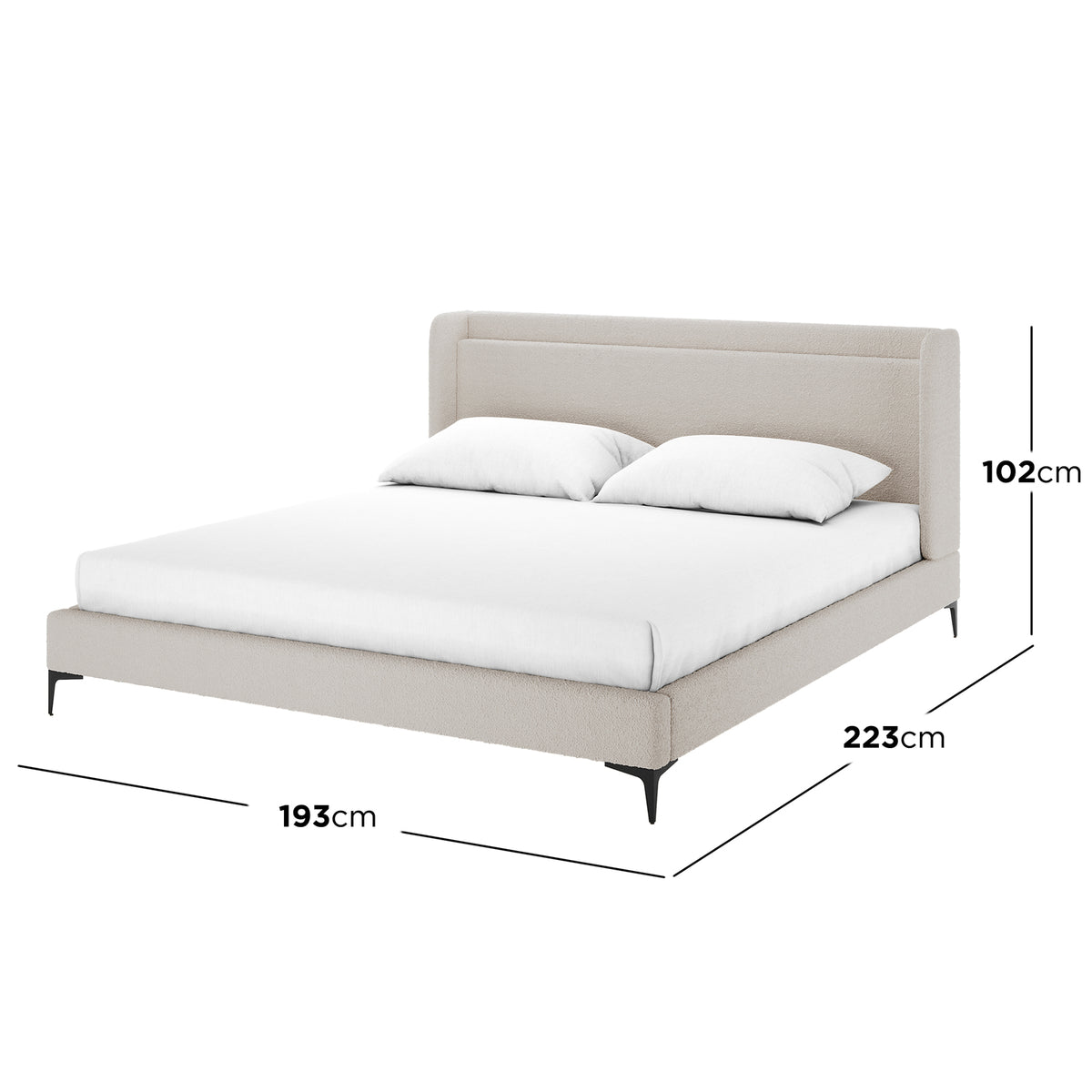Carmen boucle bed frame with winged bed head in beige, king size, with dimensions 193cm wide, 223cm long, 102cm high