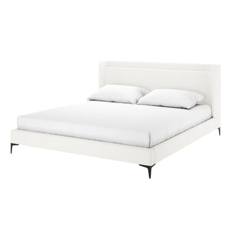 Cream white boucle king bed frame with winged headboard, black tapered legs, white mattress and two white pillows