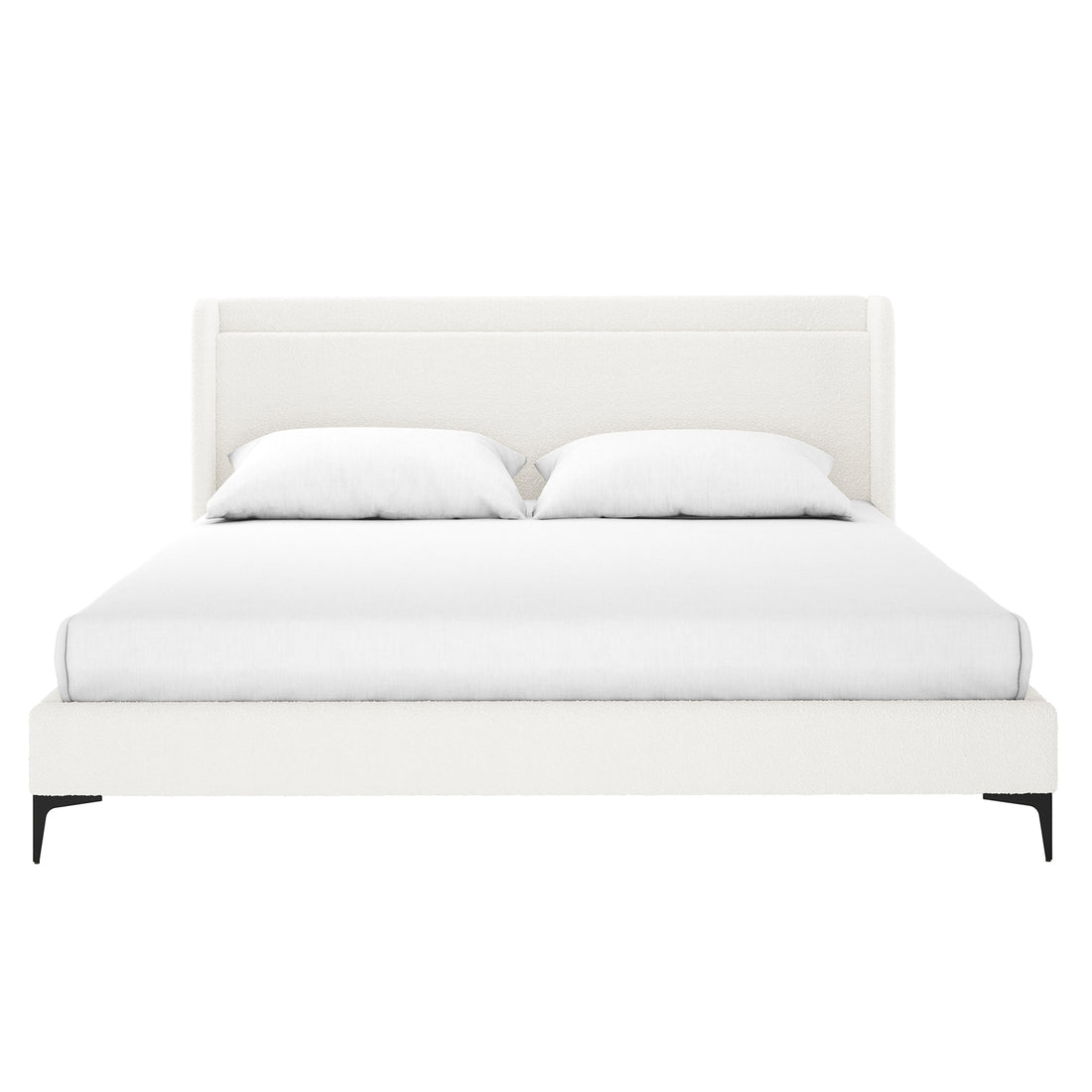Cream white boucle king bed frame with winged headboard, black legs, white bedding and two pillows