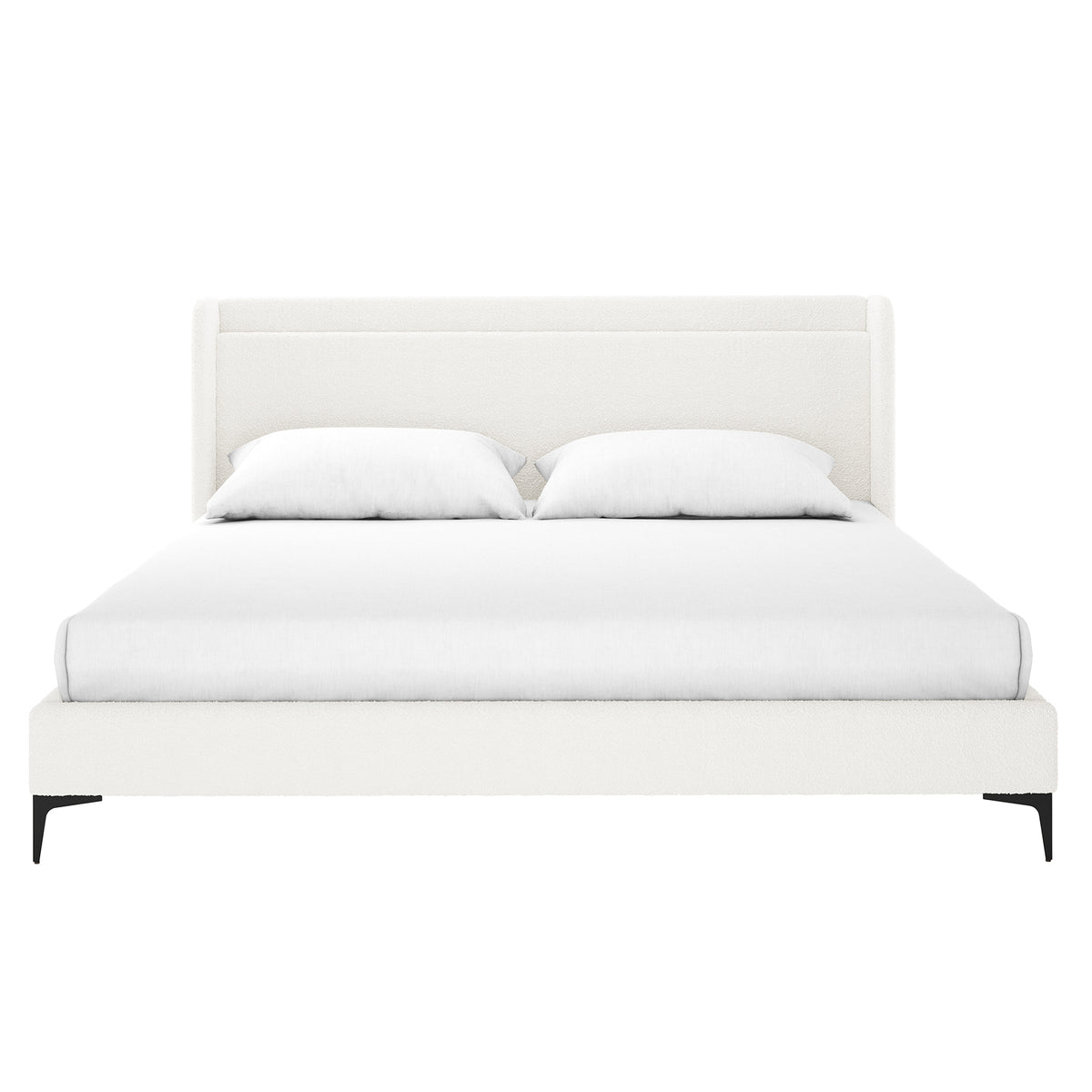 Cream white boucle king bed frame with winged headboard, black legs, white bedding and two pillows