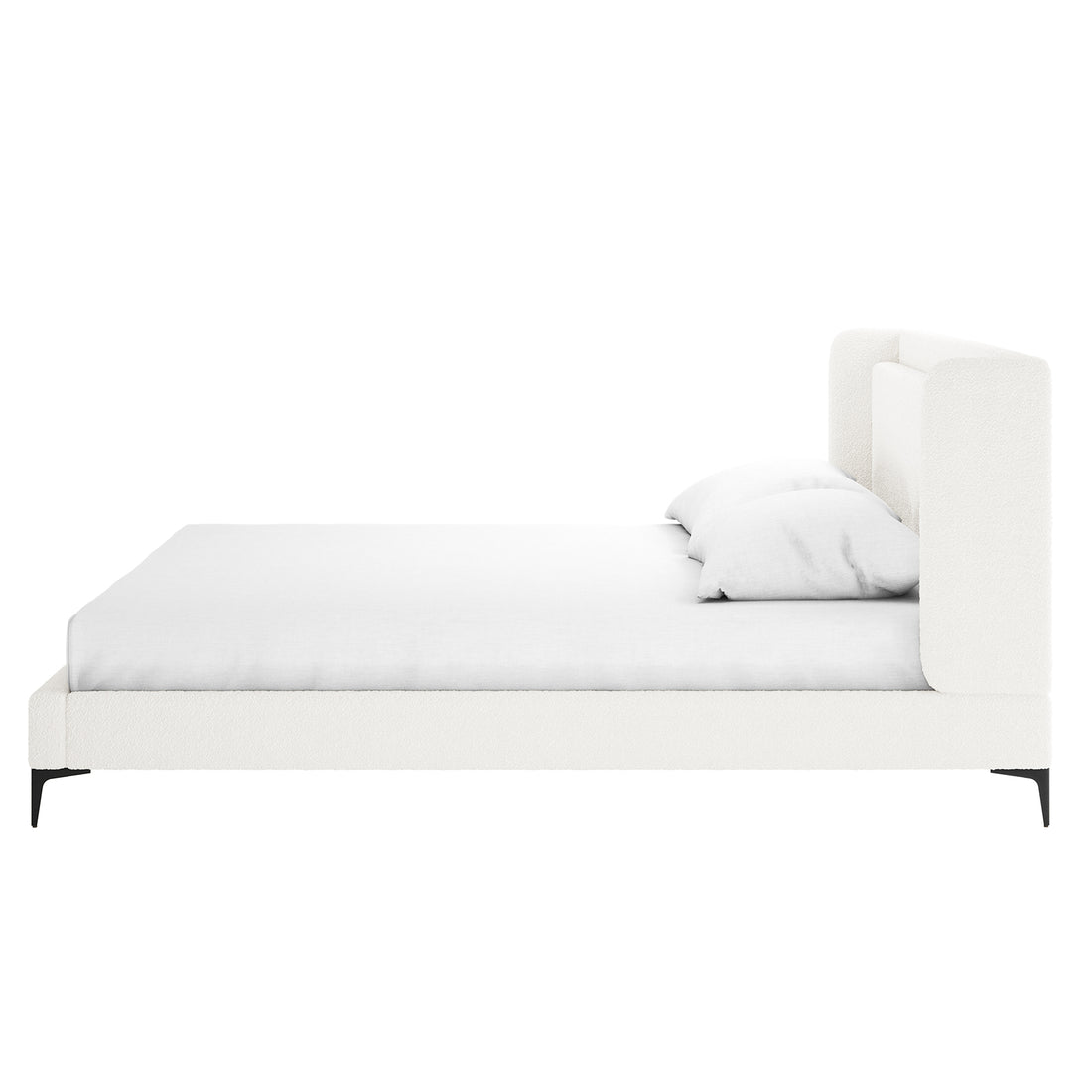 Cream white boucle king bed frame with winged headboard, white fitted sheet, white pillow, black tapered legs
