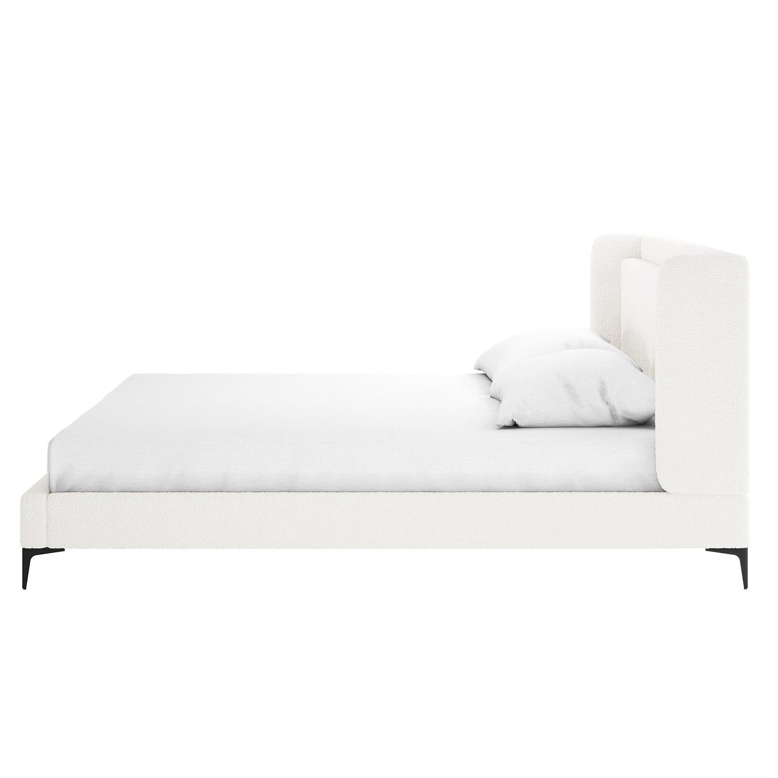 Cream white boucle king bed frame with winged headboard, white fitted sheet, white pillow, black tapered legs
