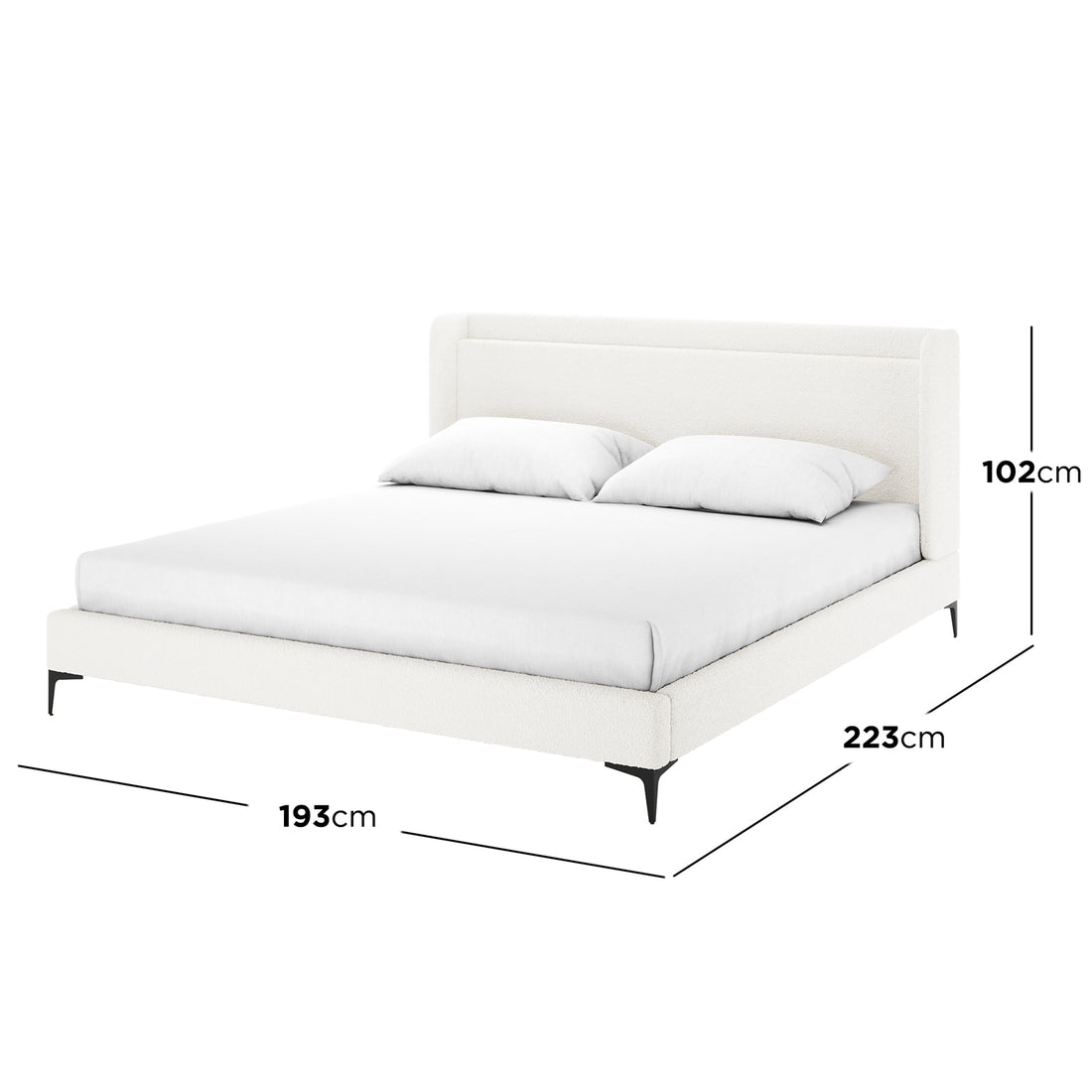 Cream white boucle king bed frame with winged headboard, black legs, dimensions 193cm wide x 223cm long x 102cm high