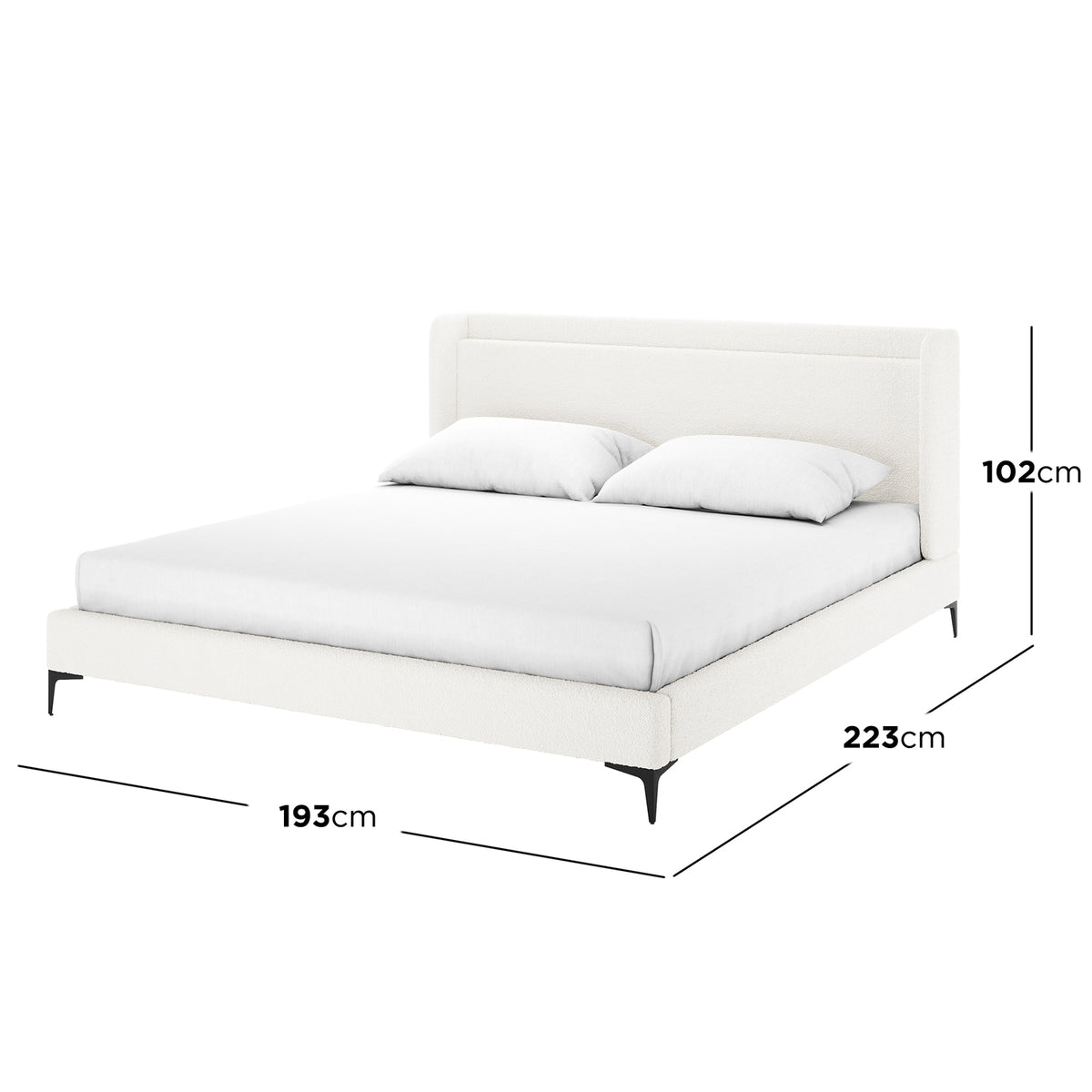 Cream white boucle king bed frame with winged headboard, black legs, dimensions 193cm wide x 223cm long x 102cm high