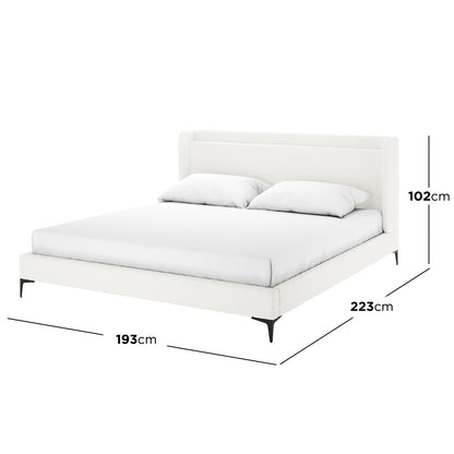 Cream white boucle king bed frame with winged headboard, black legs, dimensions 193cm wide x 223cm long x 102cm high