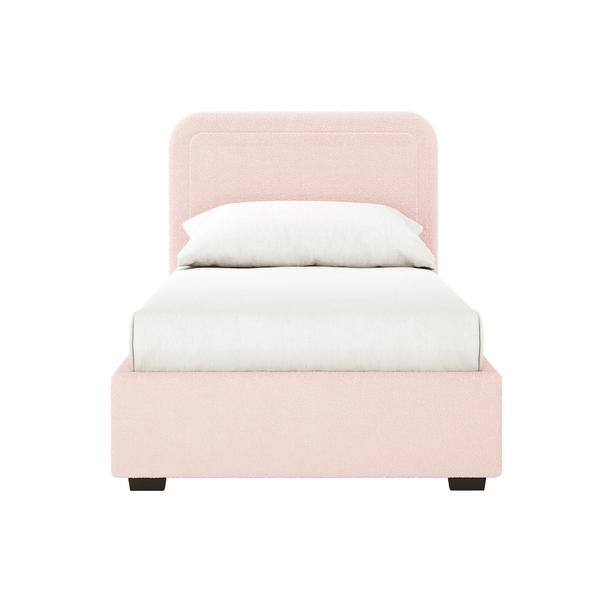 Carya Kids Single Fabric Boucle Bed Frame in Light Pink, featuring a blush-pink boucle-upholstered frame and headboard, white linens, and dark-stained wooden legs, offering a modern, cozy design.