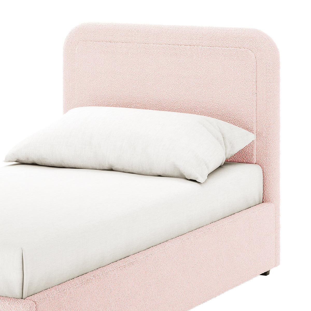 Carya Kids Single Fabric Bouclé Bed Frame in Light Pink, featuring a pastel-pink upholstered headboard and side rails, white mattress, and pillow. Luxurious bouclé fabric adds a soft, sophisticated touch.