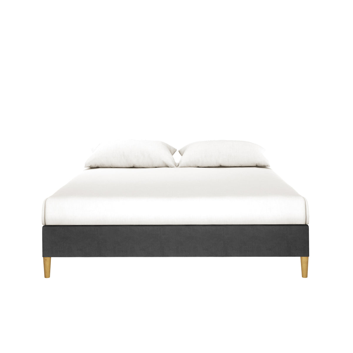 Celina Boucle Upholstered Fabric Bed Base - Black Queen features a low, modern platform with wooden legs, upholstered in luxurious boucle fabric, paired with white bedding and pillows, exuding elegance and sophistication.