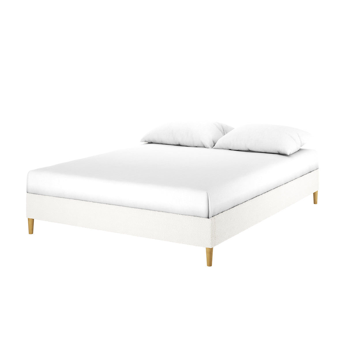 Celina Queen Boucle Fabric Bed Base in Cream White features a modern low rectangular platform with white upholstered frame, wooden legs, a white mattress, and two pillows, exuding luxury and comfort.