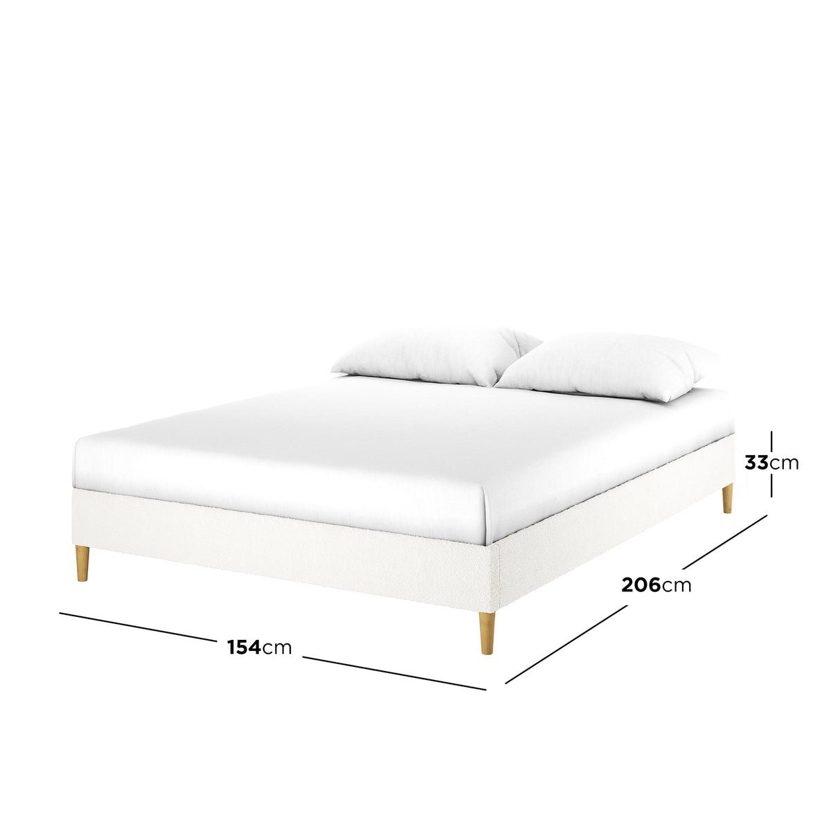 Celina Queen Boucle Fabric Bed Base in Cream White, featuring a minimalist design with white upholstery, wooden legs, and a mattress with pillows. Dimensions: 154 cm wide, 206 cm long, 33 cm high.