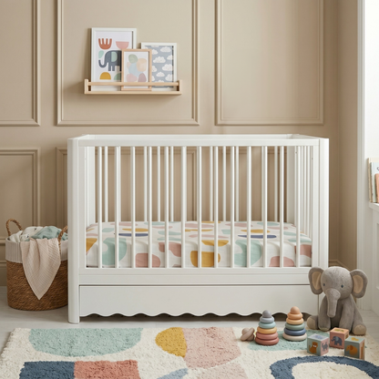 Modern white wooden infant crib featuring a full-length base drawer in a styled nursery setup.