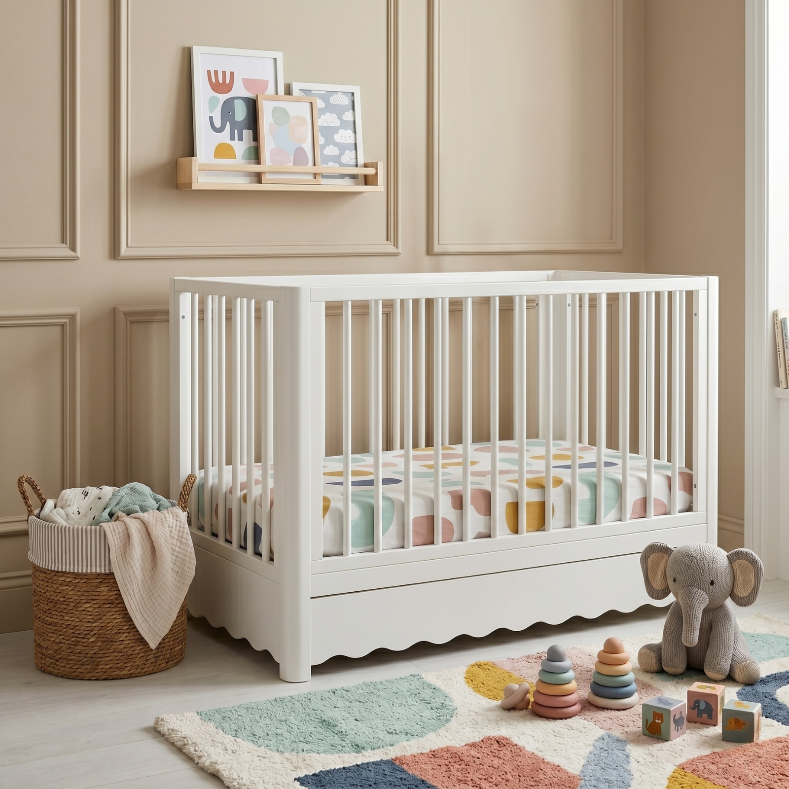 White timber standalone baby cot with a scalloped under-bed trundle drawer.