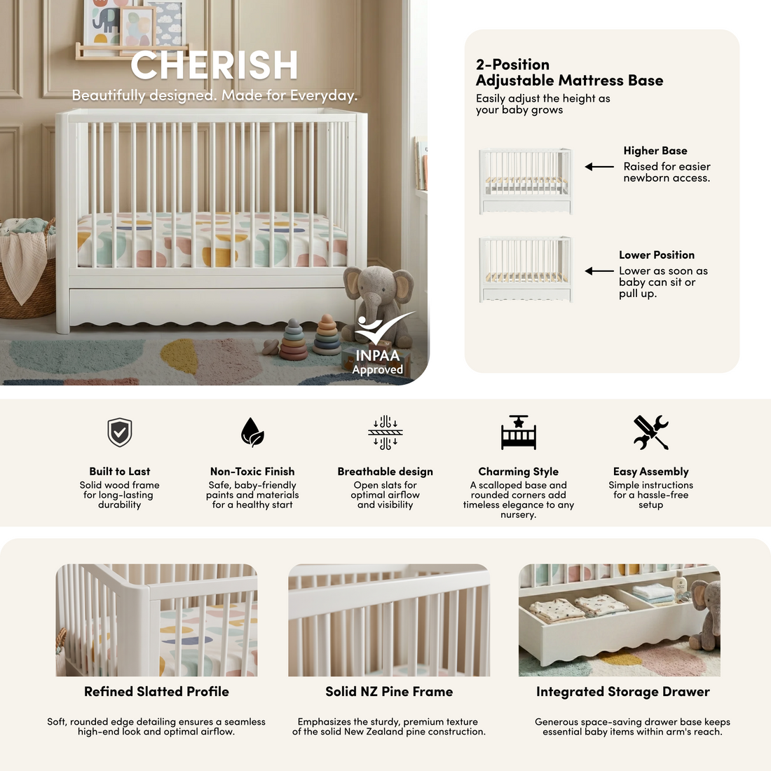 Cherish Solid Pine Baby Cot with Rail Set in White styled in a room setting