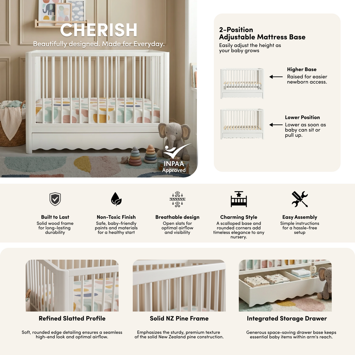 Cherish Solid Pine Baby Cot with Rail Set in White styled in a room setting