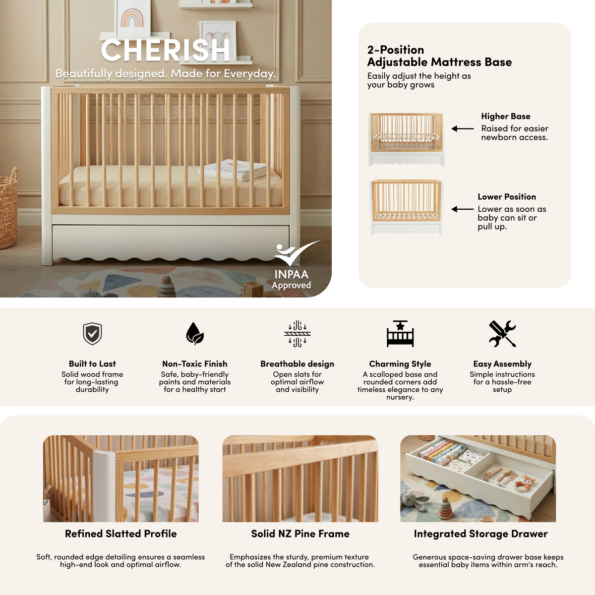 Cherish Natural Pine Wood Cot with Storage Drawer White Natural styled in a room setting