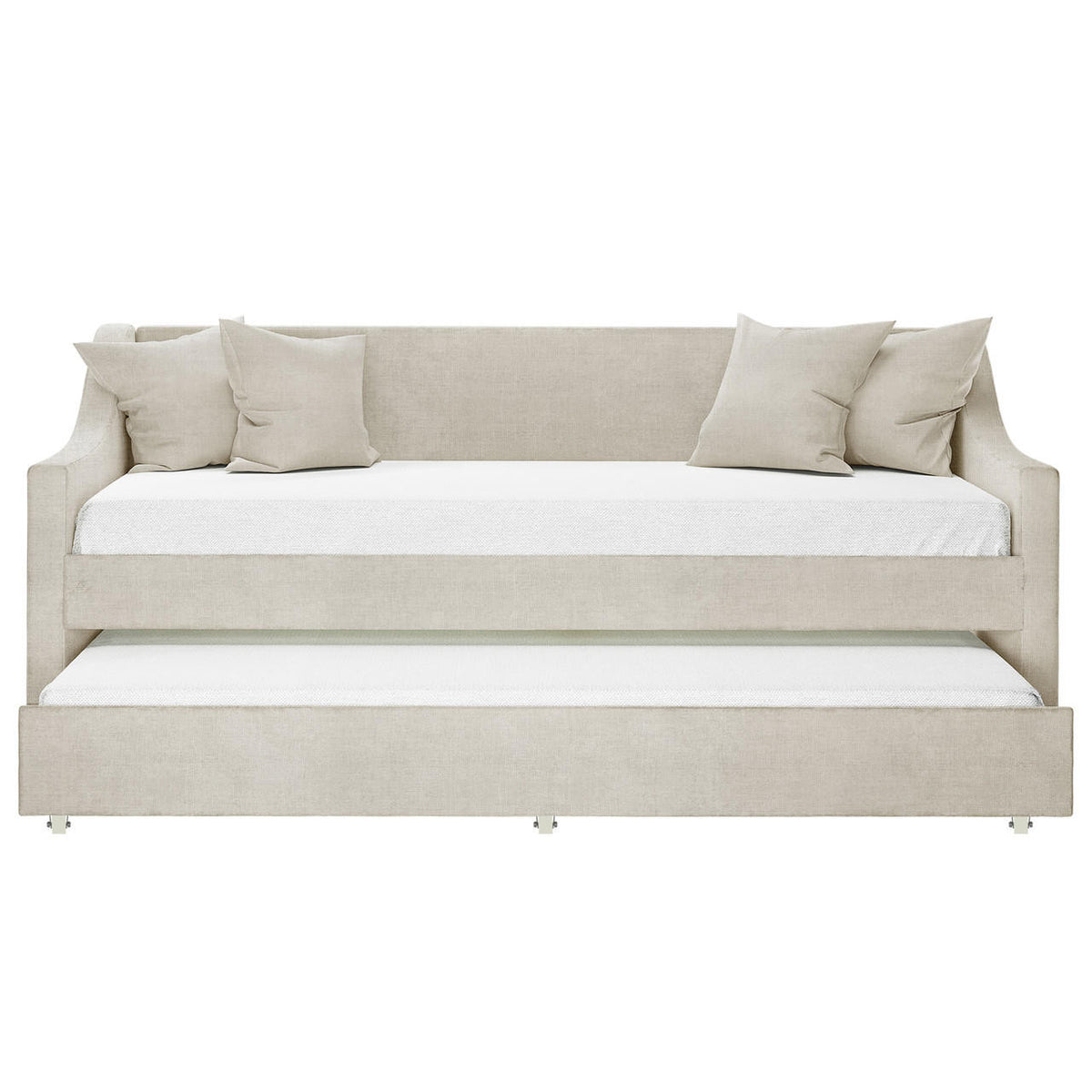 Cloelia Linen Single Sofa Daybed with Trundle, featuring a close-up of plush white pillows and a modern couch design with linen fabric, highlighting its versatility as both a sofa and daybed.