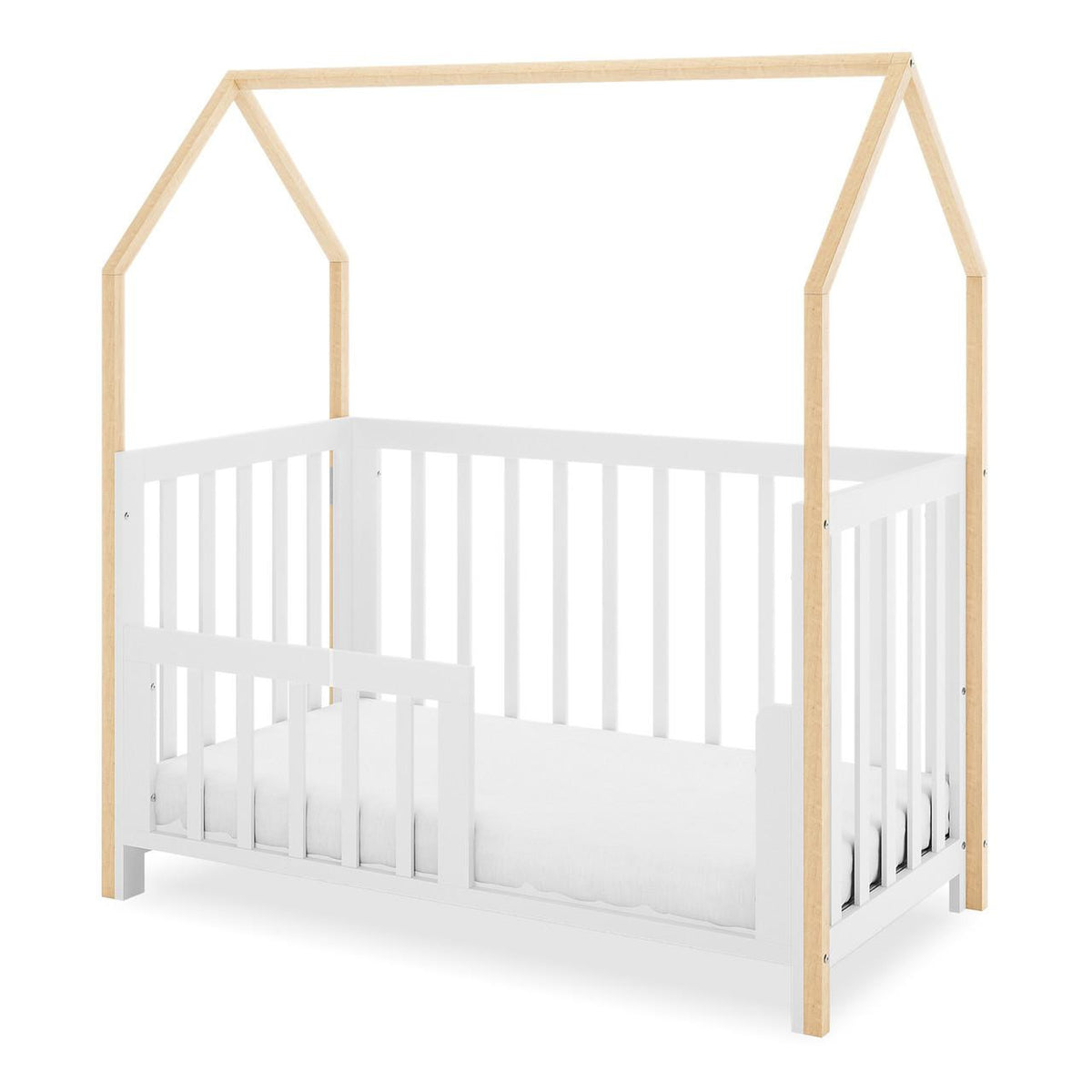 Damaris & Giro Solid Pine Baby Cot with Convertible Rail Set White features a house-shaped frame, white vertical slats, and natural-wood posts forming a roof outline, holding a thin mattress.