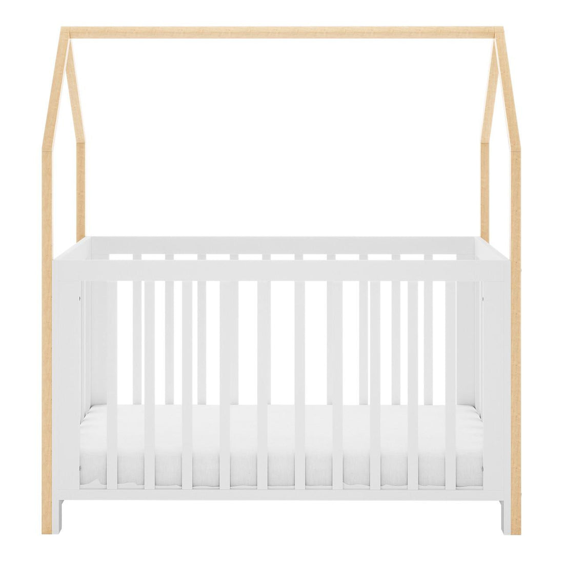 Damaris & Giro Solid Pine Baby Cot with Convertible Rail Set White features a white slatted base with natural wood posts, forming a house-shaped frame, highlighting its whimsical and adaptable nursery design.