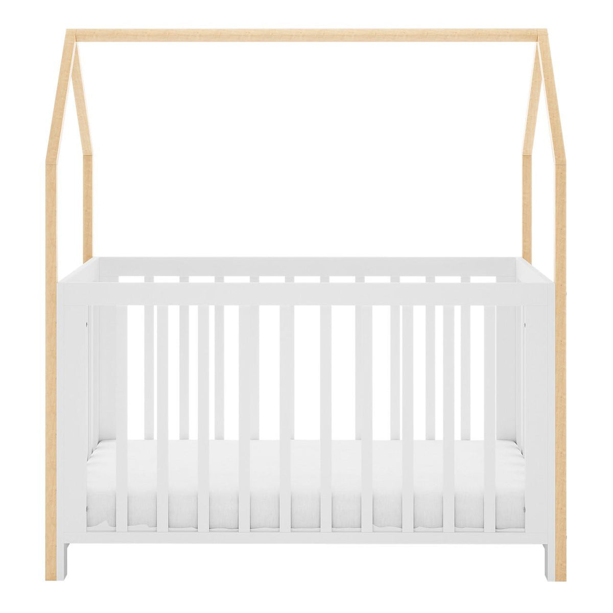 Damaris & Giro Solid Pine Baby Cot with Convertible Rail Set White features a white slatted base with natural wood posts, forming a house-shaped frame, highlighting its whimsical and adaptable nursery design.