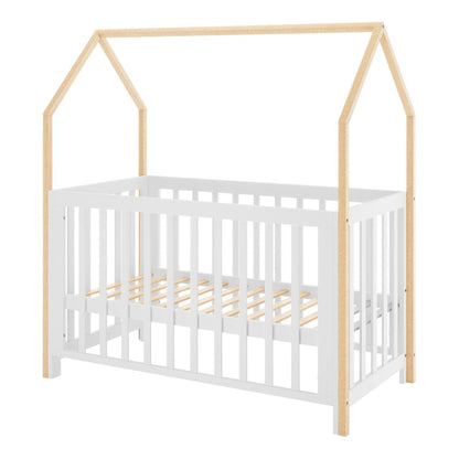 Damaris & Giro Solid Pine Baby Cot with Convertible Rail Set White features a white crib frame with natural-wood posts forming a house-shaped outline, showcasing its versatile and whimsical design.