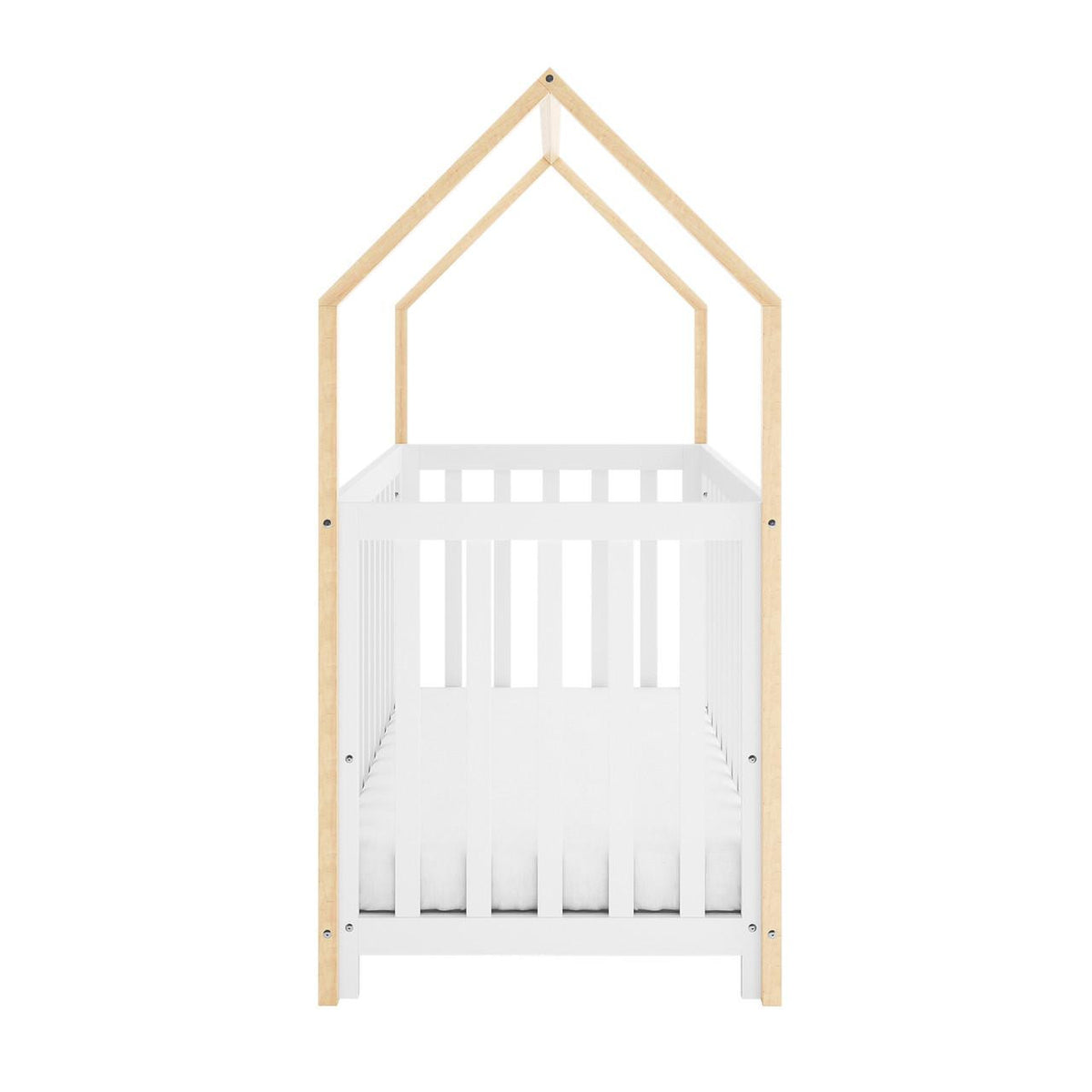 Damaris & Giro Solid Pine Baby Cot with Convertible Rail Set White features a house-shaped design, white crib frame, and natural-wood posts forming a pitched roof, ideal for nursery charm and adaptability.