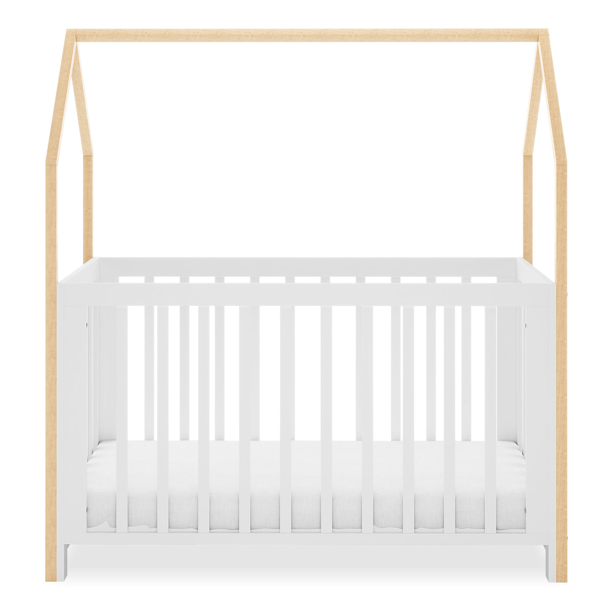 Damaris Solid Pine Baby Cot Bed - White/Natural features a house-shaped canopy frame with white vertical slats and light wood posts, blending style and functionality for a modern nursery.