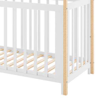 Damaris Solid Pine Baby Cot Bed - White/Natural with house-shaped frame, featuring white wood slats and light-wood corner posts, designed for conversion from crib to toddler bed.