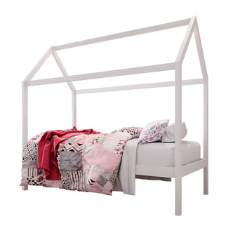 Doris Kids Single Solid Pine House Bed Frame in White with pink and grey patterned bedding