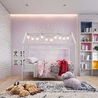 Doris Kids Single Solid Pine House Bed Frame in White with pitched roof frame and open design