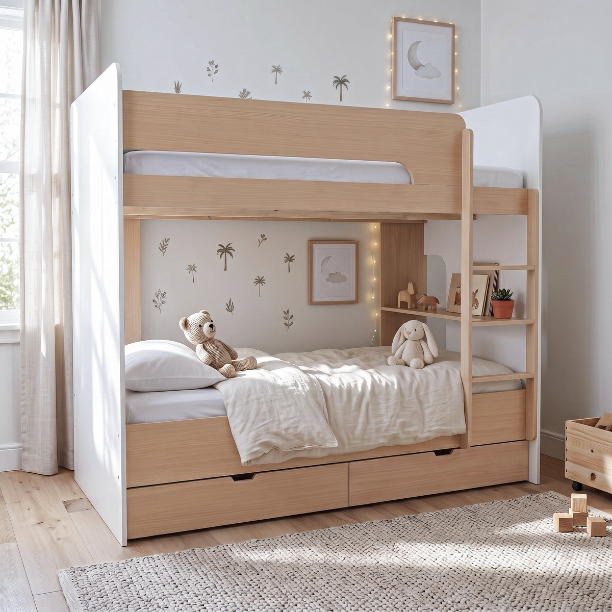 Light wood bunk bed with white accents in a warm, styled children's bedroom