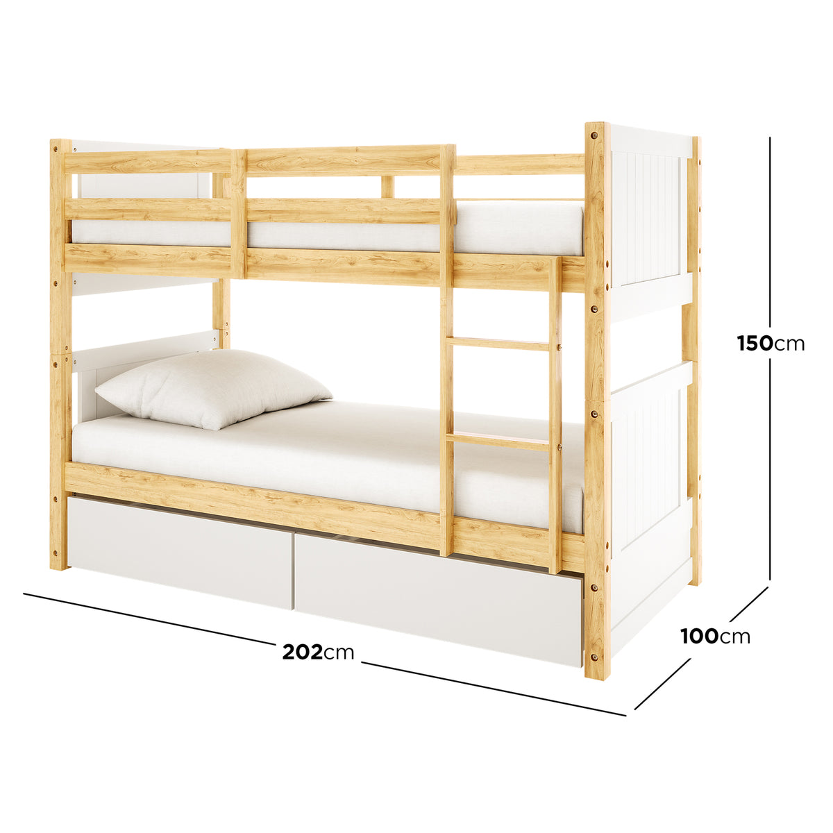 Elisha & Thermis Bunk Bed & Mattress Set in White & Natural: Light wood frame with white panels, built-in ladder, top bunk guardrails, and two storage drawers below. Dimensions: 202x100x150 cm.