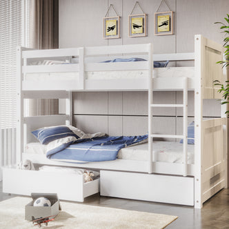Elisha Single Solid Pine Storage Bunk Bed in White, featuring a two-tier frame with ladder, airplane-print bedding, two pull-out drawers with plush toys, and vintage airplane wall art above.