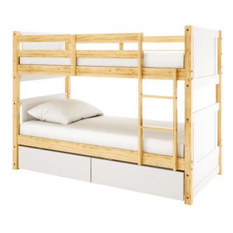 Elisha Single Solid Pine Storage Bunk Bed in White & Natural features a two-level design with safety rails, a ladder, and two built-in storage drawers, offering a clean, modern, space-saving solution.
