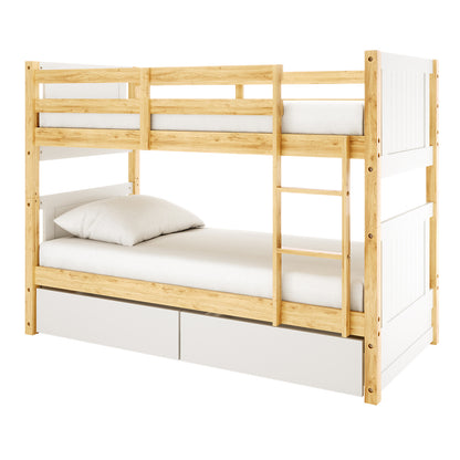 Elisha Single Solid Pine Storage Bunk Bed in White & Natural features a two-level design with safety rails, a ladder, and two built-in storage drawers, offering a clean, modern, space-saving solution.