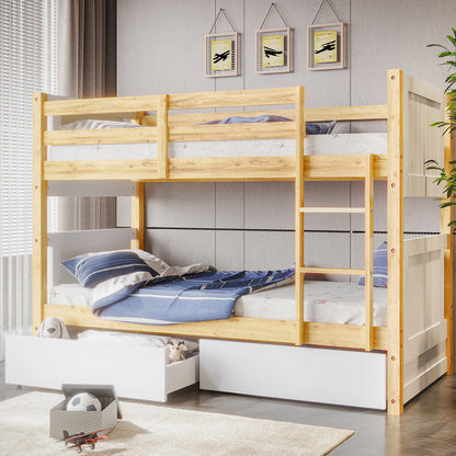 Elisha Single Solid Pine Storage Bunk Bed in White & Natural with light-stained rails, blue-and-white bedding, pull-out drawer with a toy, ladder, and airplane-themed top bunk, framed prints above.
