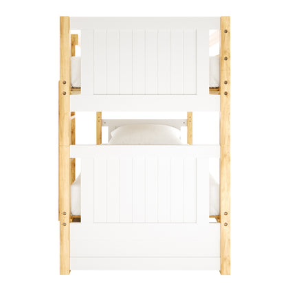 Elisha Single Solid Pine Storage Bunk Bed in White & Natural with white slatted head- and foot-boards, natural-wood posts, a built-in ladder, and two under-bed storage drawers.