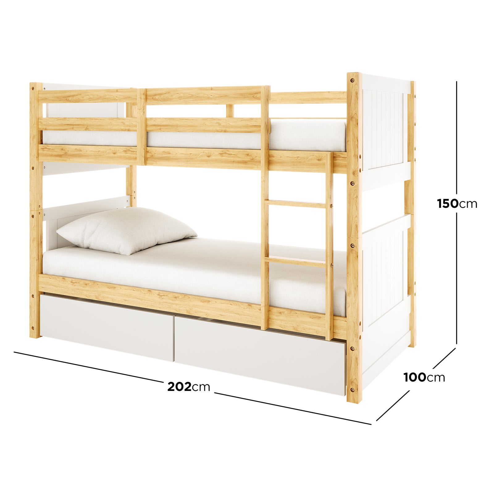 Elisha Single Solid Pine Storage Bunk Bed in White & Natural features a light wood frame with white accents, a vertical ladder, and two under-bed storage drawers, measuring 202cm x 100cm x 150cm.