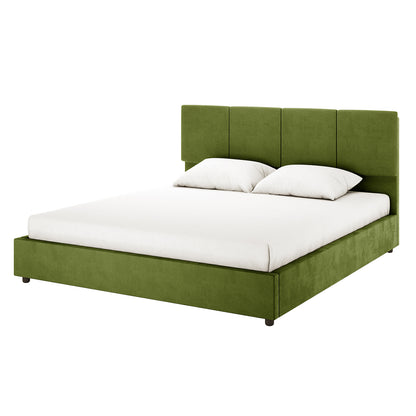 Emina Velvet Bed Frame - Jade Green King, featuring a plush, upholstered platform with a padded panel headboard, dressed in plain white bedding with two white pillows.