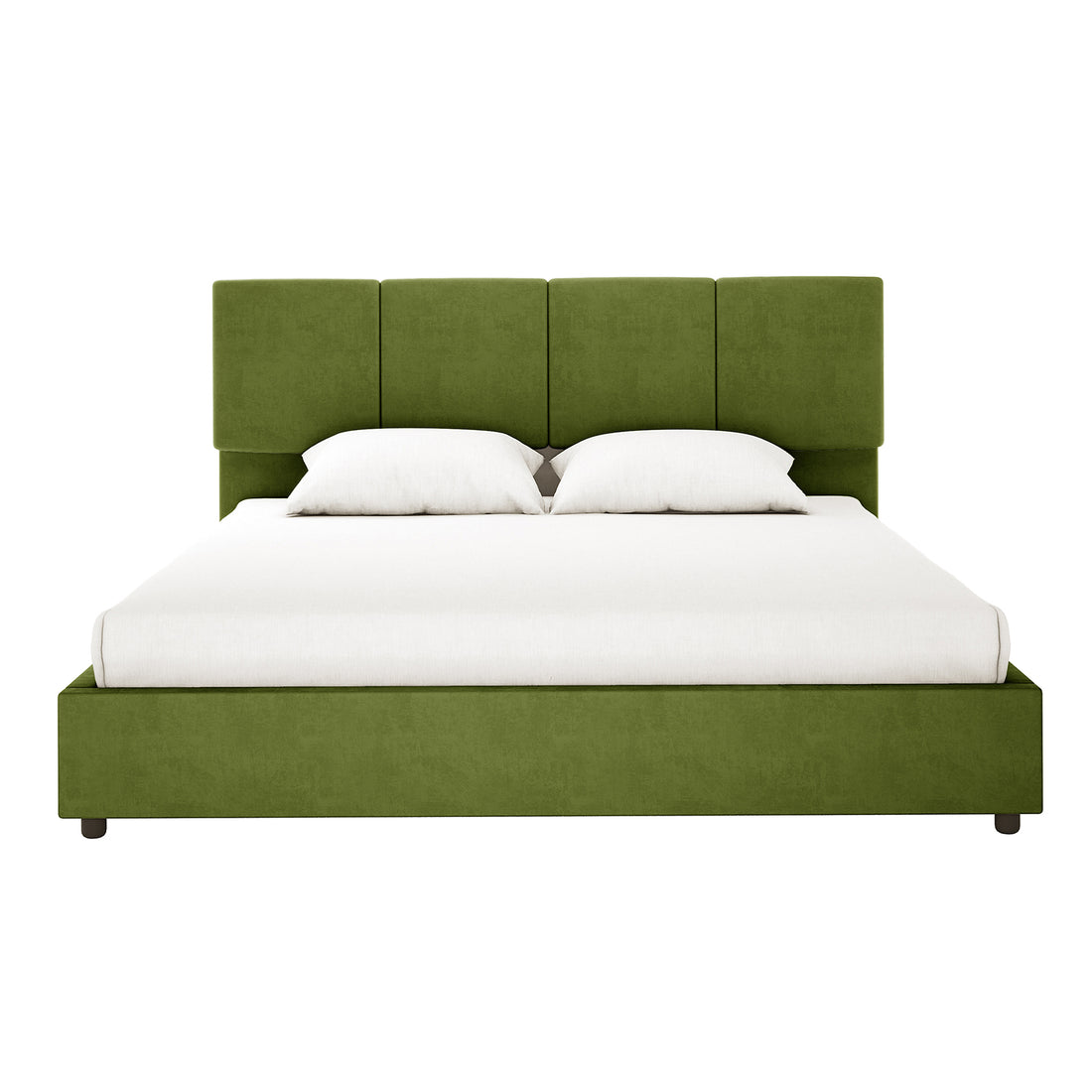 Emina Velvet Bed Frame - Jade Green King, featuring a low box-style frame and a tall, four-panel padded headboard in moss-green fabric, with a white fitted sheet and two pillows.
