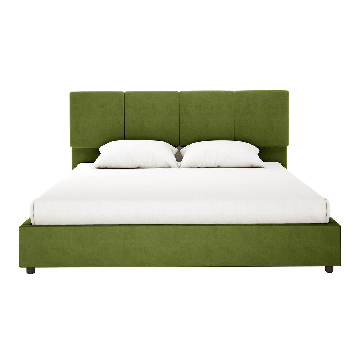 Emina Velvet Bed Frame - Jade Green King, featuring a low box-style frame and a tall, four-panel padded headboard in moss-green fabric, with a white fitted sheet and two pillows.