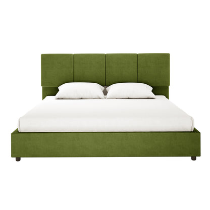 Emina Velvet Bed Frame - Jade Green King, featuring a low box-style frame and a tall, four-panel padded headboard in moss-green fabric, with a white fitted sheet and two pillows.
