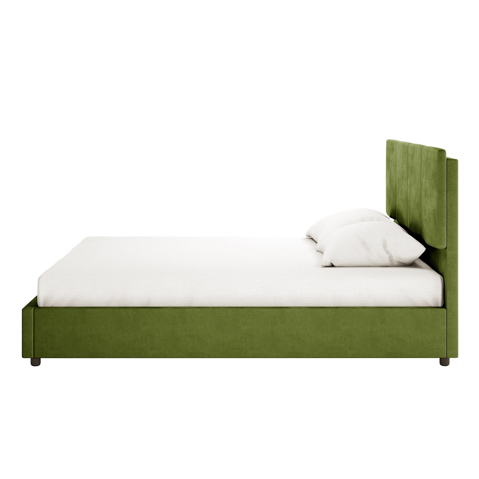 Emina Velvet Bed Frame - Jade Green King, featuring a forest-green upholstered frame and headboard, with a white mattress and pillows, showcasing modern elegance and plush velvet texture.