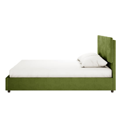 Emina Velvet Bed Frame - Jade Green King, featuring a forest-green upholstered frame and headboard, with a white mattress and pillows, showcasing modern elegance and plush velvet texture.
