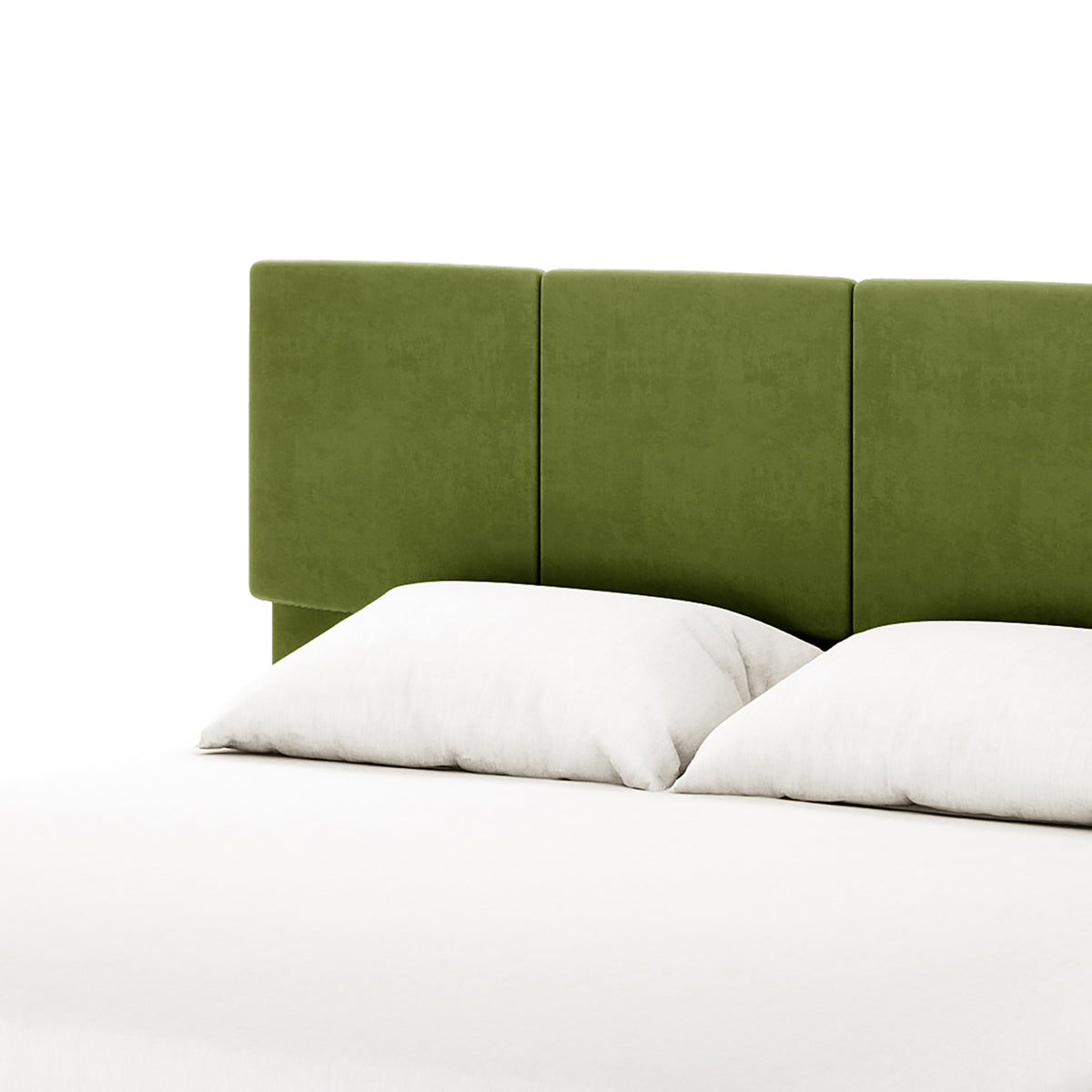 Emina Velvet Bed Frame - Jade Green King features a green, three-panel upholstered headboard behind a mattress with crisp white sheets and pillows, offering a stylish and luxurious bedroom upgrade.