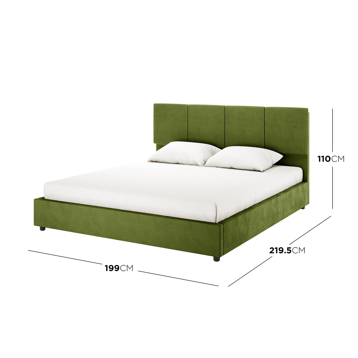Emina Velvet Bed Frame - Jade Green King features a plush, moss-green upholstered headboard, white mattress, and pillows. Dimensions: 199 cm wide, 219.5 cm deep, 110 cm high.